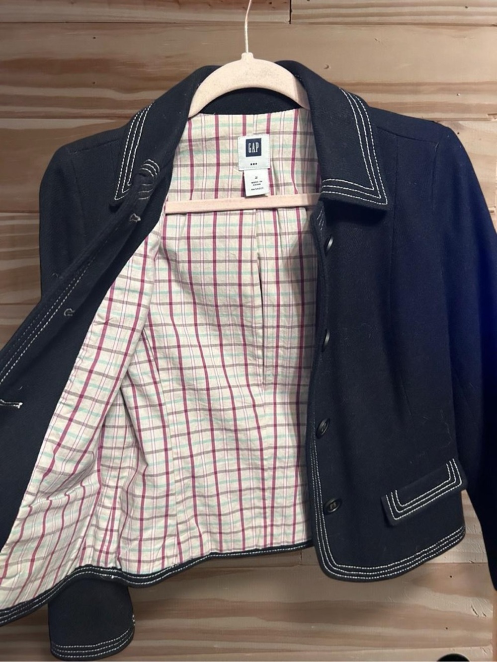 GAP Jacket Black Wool Blend Collared White Stitch Trim Pockets Lined Size 2. - Picture 3 of 6